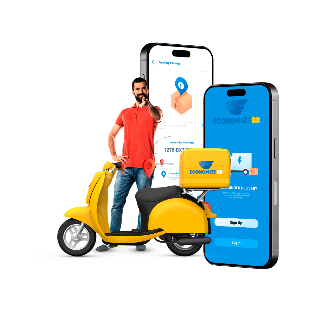 Ilustração de um entregador segurando uma caixa ao lado de uma moto, ambos amarelos