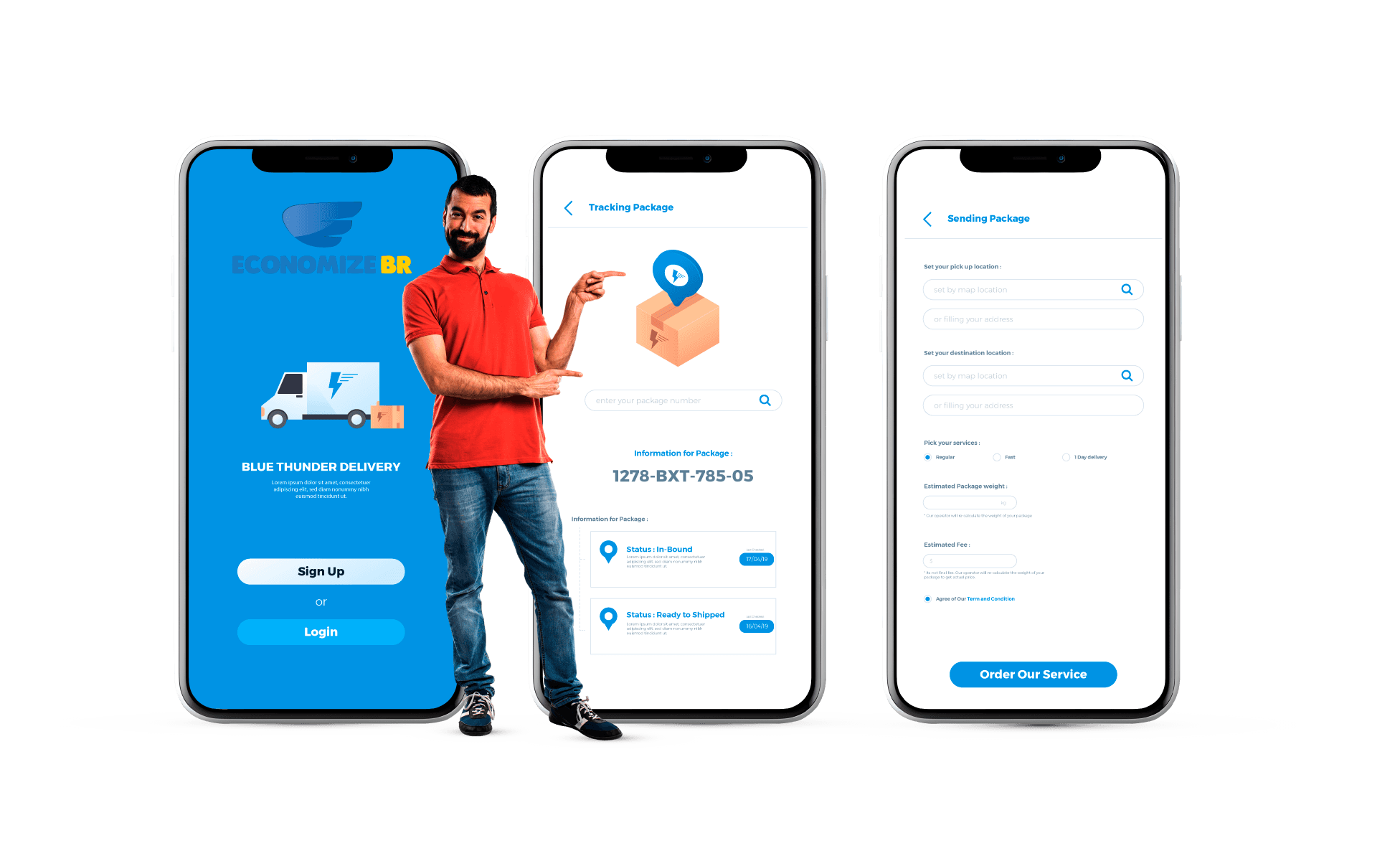 Imagem de três celulares mostrando o aplciativo da EconomizeBR
